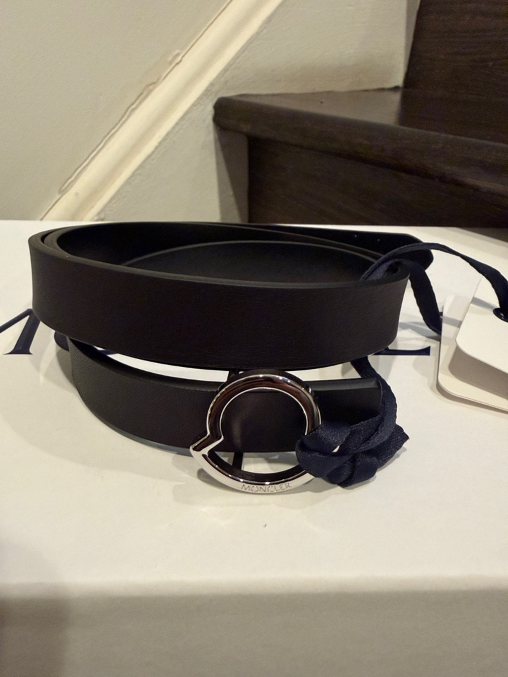 Moncler Black Leather Wrap Belt with Silver Logo Buckle
